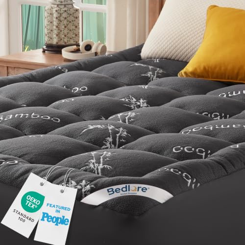 BEDLORE madrassöverdrag 160x200 cm av bambufiberviskos, madrasskydd med töjbara fickor för 40 cm madrass, mjukt madrasskydd för att lindra ryggsmärtor (Mörkgrå)