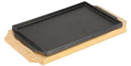Iron Steak Plate Cast Iron Rectangle Shape Restaurant Barbecue Plate Steak Hot Pan with Wooden Base Teppanyaki Grilled Fish(L)