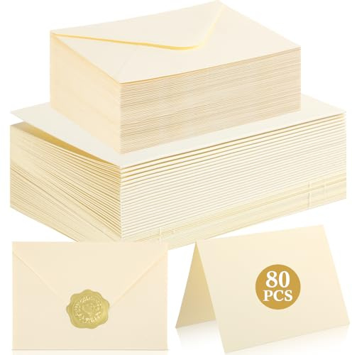 Gueevin 80 Pcs Cream Blank Cards Bulk with Envelopes and Gold Stickers 3.5 x 5 Inch Thick Folded Cardstock Thank You Blank Greeting Cards for Wedding, Birthday, Business, Invitations, Graduation