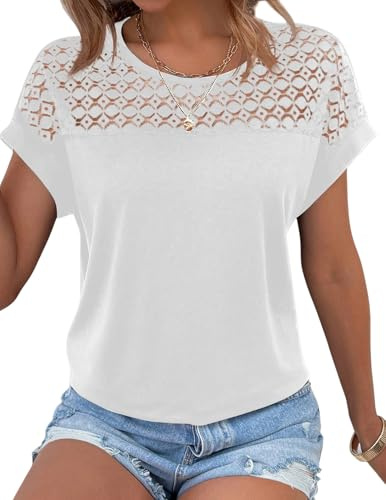 Zeagoo T-shirt damer, sommar, spets, toppar, rund hals, basic-skjorta, blus, kortärmad elegant för kvinnor
