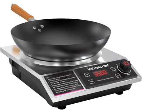 Lechuang Chef 3500W Induction Hob, 50 KG Load Capacity, Induction Cooker with Upgrade Hot Plate, 24-Hour Timer and Preset Functions, 11-Level Power & Temp. setting, with Non-Stick Iron Wok Included