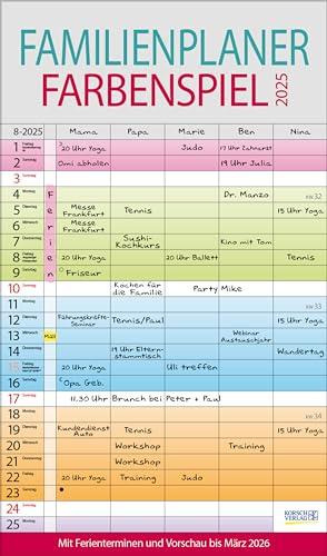 Familienplaner Farbenspiel 2025: Familienkalender, 5 breite Spalten, guter Überblick durch farbliche Wochen. Mit Ferienterminen, Vorschau bis März 2026 und nützlichen Zusatzinformationen.
