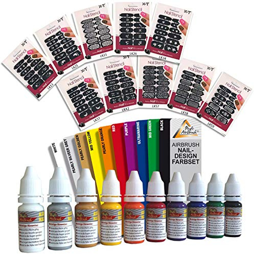Set Airbrush pour ongles – 10 couleurs Airbrush à base d’eau + 10 pochoirs autocollants pour Nail Art – Kit créatif pour design ongles pro, facile à utiliser pour débutants et pros