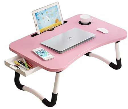Lap Desk med förvaringslåda, hållare för kopp och surfplatta, brickbord med hopfällbara ben, laptopsängstativ, bärbart stående bord för soffa och golv (59,9 cm, rosa)