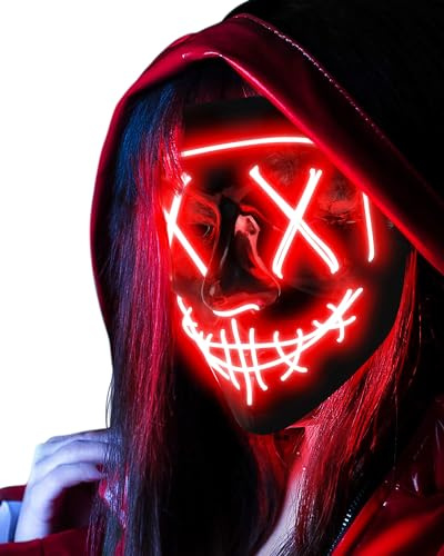 AnanBros Halloween Effrayant LED Masque Visage, La Masque Lumineux 3 Modes d'éclairage Pour les Carnavals, les Bals Masqués et les Soirées Costumées de Cosplay - Rouge