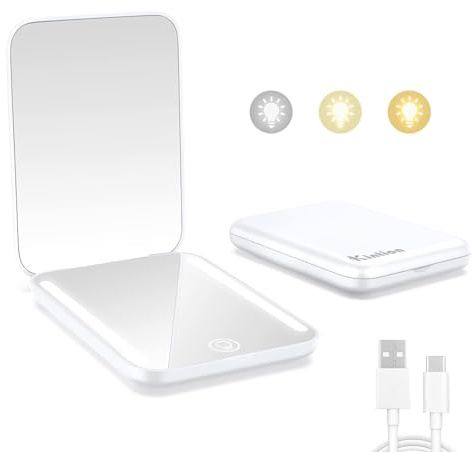 Kintion Rechargeable Pocket Mirror, 1X/3X Compact Mirror with Light, White | 3 Color Modes, Dimmable, Portable LED Travel Makeup Mirror for Purse, Handbag, Magnifying Small Mirrors for Women Gift