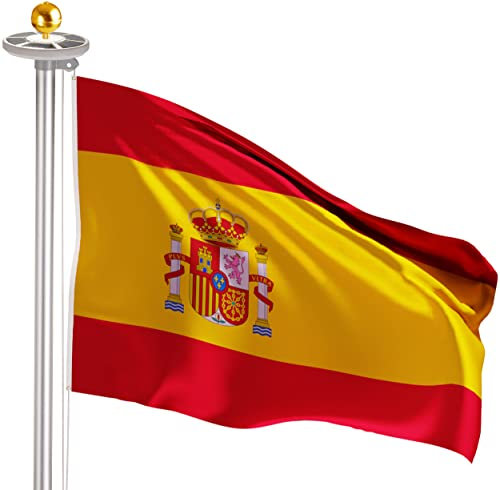 BRUBAKER Aluminium Fahnenmast 6m inkl. Spanien Flagge, Solar Fahnenmastlicht und Kugelspitze Gold - Flaggenmast mit Bodenhülse + Spanienfahne + Solar-Licht - All-in-One Set