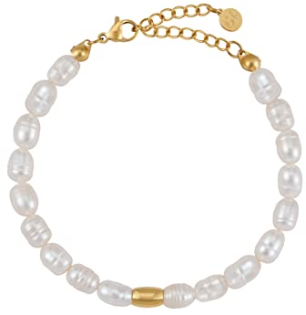 GD GOOD.designs Perlenarmband Damen mit echten Süßwasserperlen - wasserfest I Hautverträgliches Perlen Armband mit 18 Karat Vergoldung (15-19cm)