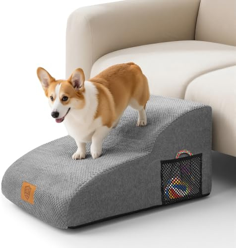 MASTERTOP Scale per Cani Estesa a 2 Gradini, Ampia Scala in Schiuma ad Alta Densità per Animali Domestici, Scaletta Antiscivolo per Animali Anziani/Feriti con Copertura Rimovibile (Grigio)