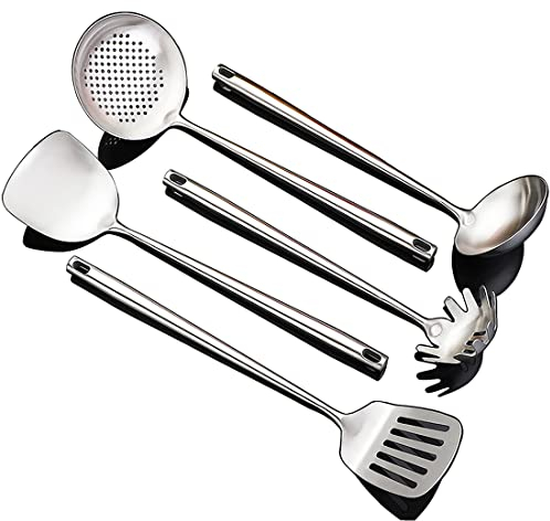Abcsea 5 Stück Kochbesteck Set - Edelstahl Kochlöffel, Servierlöffel, Küche Wender, Küchenspatel, Geschlitzter Löffel - Küchenhelfer-Set Mit Hohlgriff