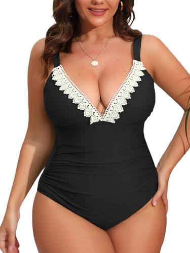 CUPSHE Damen Große Größen Badeanzug Tiefer V Ausschnitt Spitze Bauch Kaschieren Raffung Einteilige Plus Size Bademode Swimsuit Schwarz L