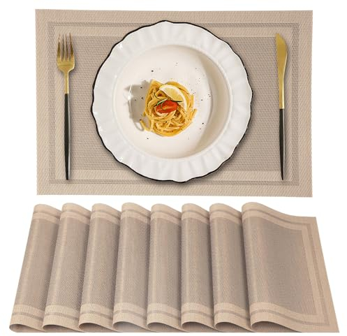 Gucass 8er Set Tischsets Abwaschbar, PVC Platzsets Abwischbar Platzdeckchen, Placemats Abgrifffeste Hitzebeständig rutschfest, Tischmatten für Küche Restaurant Speisetisch, 45x30cm(Beige)