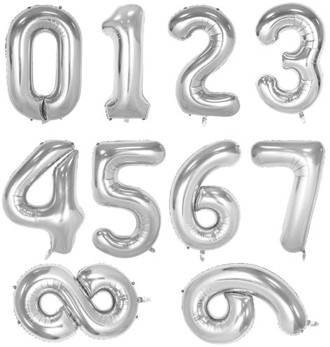 10 Pcs Number Balloon, Number 0-9 Foil Balloons 16 Inch Self Inflating Balloon Digital 0-9 Air Filled Helium Mylar Digit Balloons for Birthday Party Anniversary Celebration Decorations (Silver)