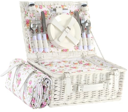YPshuye Picknickkorb-Set für 4 mit wasserdichter Picknickdecke und isoliertem Kühler, großer Weiden-Picknickkorb für Camping, Outdoor, Valentinstag, Geburtstag, Hochzeitsgeschenk