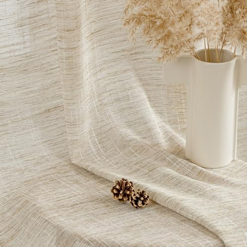 Woaboy Cortinas de Lino Visillo Corta Semitransparente Cortinas Dormitorio Modernas con Ojale para Ventana Salón Habitación 2 Piezas 140x145cm Natural