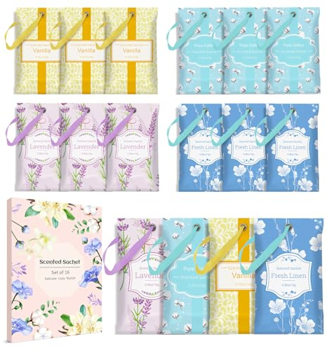 SCENTORINI Scented Sachets, Linen, Lavender, Cotton, Vanilla, 4 Fragrance for Wardrobe, Drawers, Closets, Cupboard, 16 Pack