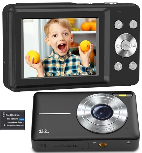 Digitalkamera Fotokamera FHD 1080P 44MP Fotoapparat,Kamera Digital mit 2.4 LCD Wiederaufladbare 16X Digitalzoom, Tragbare Digitalkamera für Teenager, Kinder, Anfänger(1*Batterie)