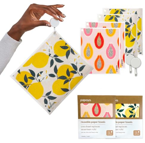 Papaya Reusable Paper Towels, Premium Swedish Dishcloths with Hook, Non-Scratch Reusable Paper Towel, 1 Sheet Replaces 17 Rolls - 4 Sheets, 2 Hooks