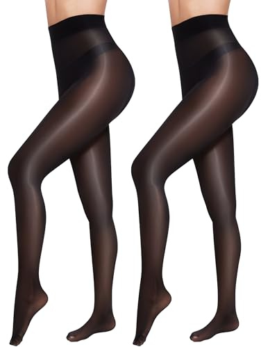 Becellen 2 Paire Collant Femme, 8 DEN Oil Shiny Collants Opaque Resille Chair Collant Sculptants Sexy Pantyhose Grande Taille Noir Collants Ventre Plat Femme
