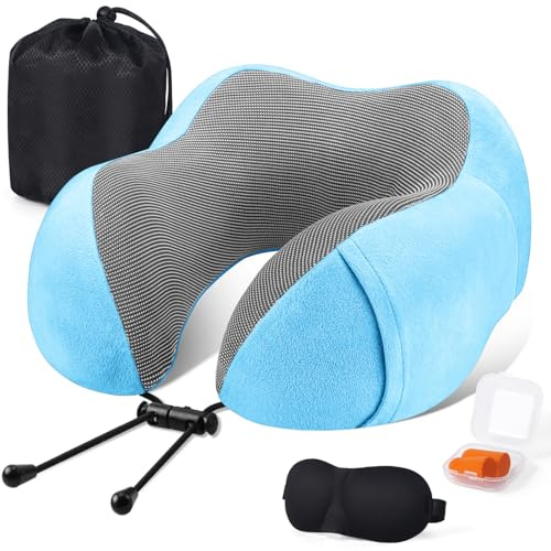 SOMLAW Cuscino da Viaggio, Cuscino Collo Memory Foam, Cuscino Cervicale da Viaggio Portatile, con Maschera per gli Occhi e Tappi per le Orecchie, Borsa, Ideale per Viaggiare in Aereo, Auto e Treno