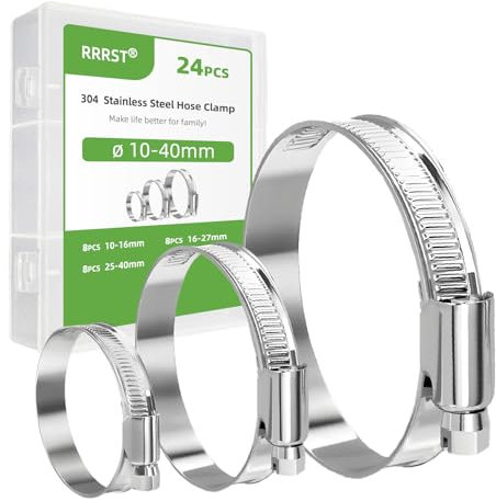 RRRST 24pcs Abrazaderas de Manguera Kit 10mm-40mm, 304 Acero Inoxidable, para Piscinas, Lavadoras, Fontanería, Automoción, 3 Tamaños Diferentes Abrazaderas de Tubo Set