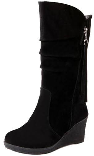 Asterisco Femme Compensées Bottes Mi-Mollet avec Plateforme Talons Hauts Bottes Bout Rond A Enfiler Bottes Slouch, G98186Ew Noir/Dl Taille 48 EU/50Cn