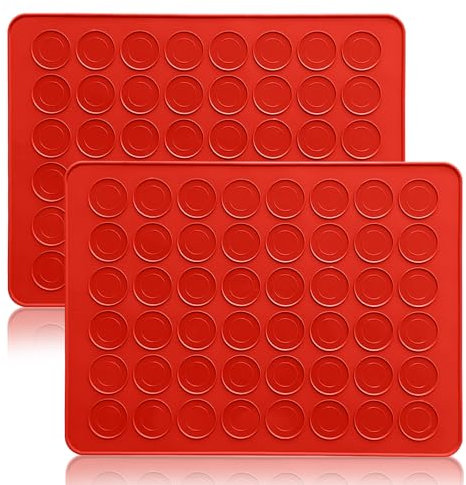 2 Pezzi Macarons Tappetino Silicone, Tappetini da Forno per Macaron, 48 Fori, Antiaderente, Accessori da Forno Cucina, per Macaron, Biscotti, Pasticcini (Rosso, 39x29cm)