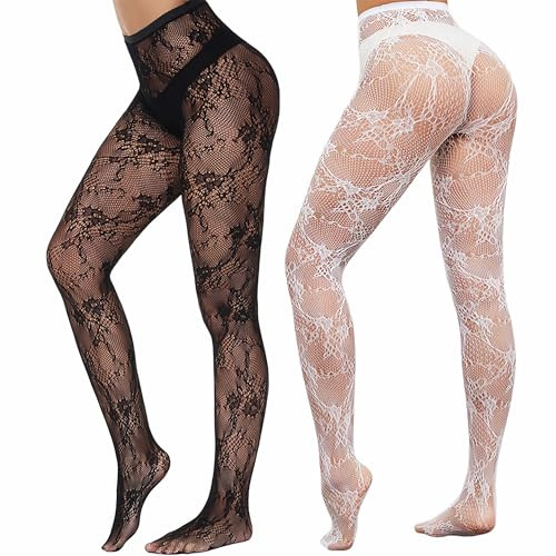 MOSIERRY Patterned Tights Black White Floral Lace Fishnet Tights Womens Fashion Fishnet Stockings for Women Halloween Costumes