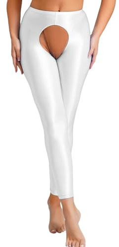 FEESHOW Damen Öl Glänzend Leggings Ouvert Nylon Strumpfhose Glatte Seide-Optik Tights Im Schritt Offen Ballett Tanzhose Yoga Pants Weiß XXL