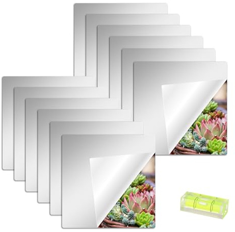 12 stycken självhäftande kakelspeglar med vattenpass för limning, 20 x 20 cm akryl HD flexibla spegelfilmer spegelklistermärken för vägg, skola, hem, vardagsrum, badrum, sovrum