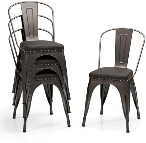 Giantex Stackable Metal Dining Chairs Set of 4, Armless Kitchen Side Chair with Detachable Backrest & PU Leather Padded Seat, Modern Dinette Chairs for Dining Room, Cafe, Restaurant, Bar (Bronze)