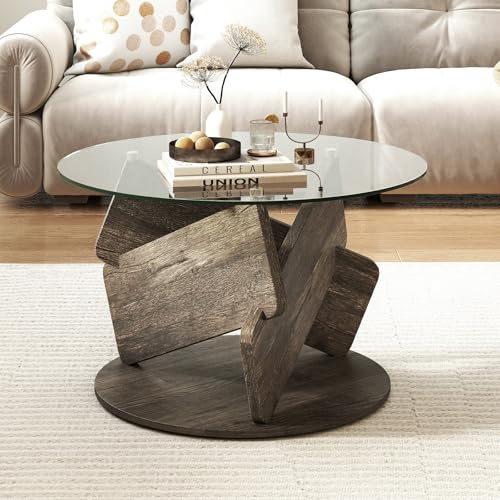 COSTWAY Table Basse Ronde en Verre, 81x 81 cm, Base en Caoutchouc, Style Rustique, Table de Salon pour Petit Espace, Bureau