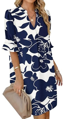AUSELILY Robe Chemise Femme Été Col en V Manches Volantées Robe Courte | Robe Chemise Femme Été Chic et Élégant, Col Montant V, Manches Volantées, Coupe Ample Courte avec Poches
