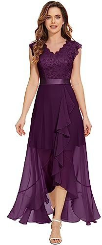 AOCZZ - Vestidos de noche elegantes para mujer, para novias y damas de honor, con escote en V, estilo Vokuhila, de encaje, morado, M