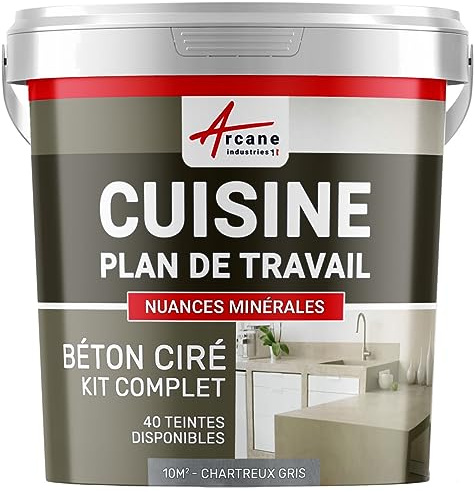 Béton ciré cuisine, plan de travail, crédence, évier, sol et mur, revêtement mural décoratif, kit complet - 10 m² (en 2 couches) Chartreux - Gris - ARCANE INDUSTRIES