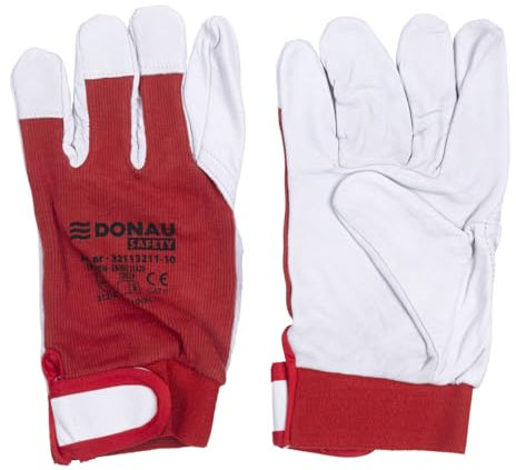 DONAU SAFETY Gants de travail en cuir avec fermeture Velcro/Taille 10 / XL / 1 paire/Blanc Rouge/Gants de montage/Gants de protection doux et confortable en cuir de chèvre et tissu polyester