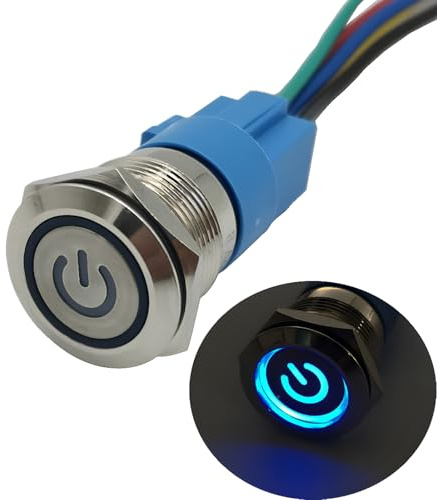 CESFONJER Interruttore a pulsante autobloccante, 12V 5A Interruttore Automatico, Impermeabile Pulsante Interruttore Pulsante in Acciaio Inossidabile 19 mm LED con Simbolo di potenza (Blu)