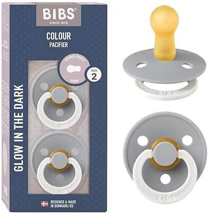 BIBS Colour Night Glow in The Dark Soother 2-Pack, BPA Free Dummy Pacifier, Round Nipple. Natural Rubber Latex, Made in Denmark, Size 2 (6-18 Months), Cloud Glow