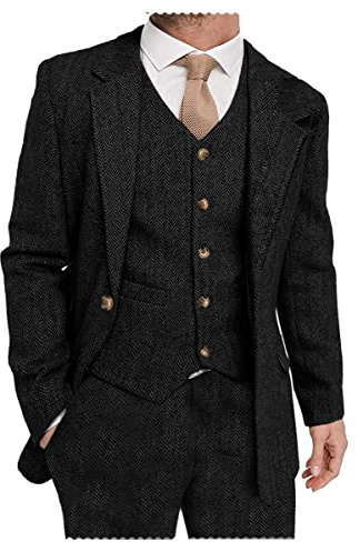 Solovedress Costume pour homme 3 pièces classique en laine tweed pour mariage (blazer + gilet + pantalon), Noir , L