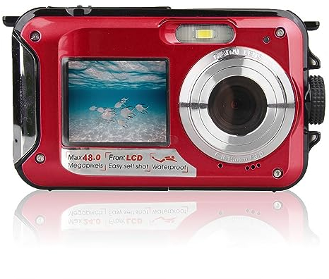 Cámara Digital a Prueba de Agua 10 Pies Pantallas Duales 16X Zoom Digital Full HD 2.7K 48MP para Natación Buceo Surf Río Corriente Océano Paisaje Parque Acuático Fotografía(Rojo)