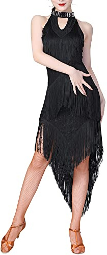Abito da Ballo Latino Donne Strass Abito con Frange Salsa Tango Sala Costume da Ballo Vestiti Salsa Abiti Danze,Nero,M