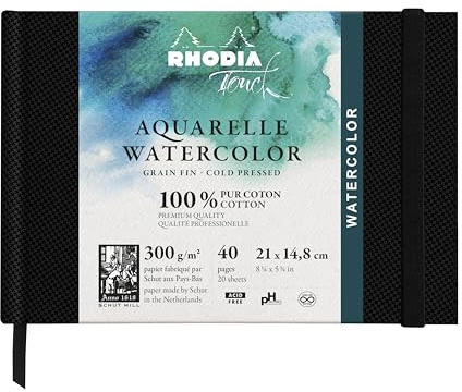 RHODIA TOUCH 116137C - Carnet aquarelle 100 % coton - grain fin - 300 g/m² - A5 paysage - 40 pages non microperforées - Brochure rigide Watercolor Book