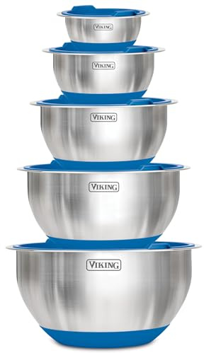 Viking Culinary Stainless Steel Mixing Bowl Set, 10 Piece, Non-Slip Silicone Base, Includes Airtight Lids, Dishwasher Safe, Blue