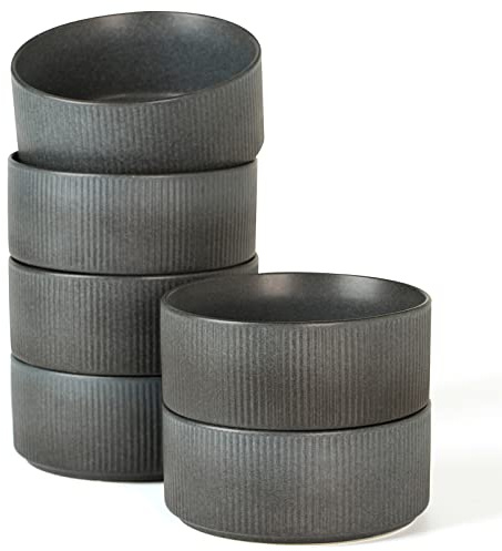 famiware Star Cereal Bowl Set, Soup Bowls Set of 6, Double Reactive Glaze, Stackable, 23 oz Deep Bowls Suitable for Popcorn, Oatmeal, Dessert - Dishwasher and Microwave Safe, Matte Dark Charcoal