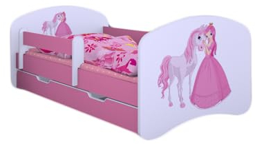 Happy Babies Kinderbett Happy Kinderbett mit Rausfallschutz und Bettschublade Bett für Mädchen 160x80 mit Matratze 80 x 160 Weiß Rose Bett Prinzessin