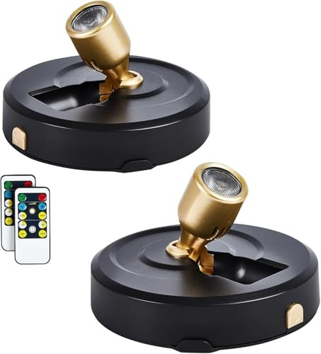 HOFUY 2-Pack Wireless LED Spotlight Battery Operated Picture Lights, Puck Lights with 2 Remote, Dimmable Stick Spotlight with Timmer for Wall Display Painting Dartboard Artwork Accent Closet