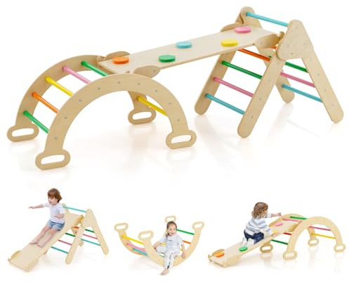 COSTWAY 4 in 1 Set da Arrampicata per Bambini, Giocattoli da Arrampicata a Triangolo con Triangolo Arco e Salita, Ideale per Bambini 1 Anni + (Colorato)