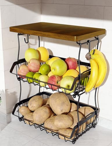 OKZEST 3-Tier Fruit Basket for Kitchen Counter with Banana Hangers, Countertop Organizer Fruit Bowls with Wood Top, Fruit Storage Basket Stand for Storage Potato Onion Bread Snack Fruit Veggie