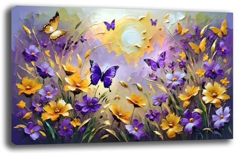 Printerland Quadro Moderno soggiorno FIORI Viole Farfalle Sole Alba Astratto Quadri moderni da Parete grande Stampa su tela Canvas Decorazione Murale muro Arredo Camera da letto Salone (5, 50x100 cm)