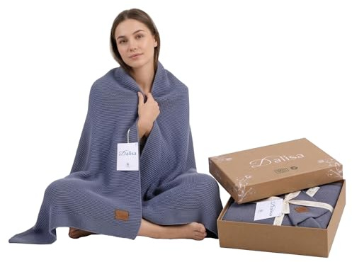 Dalisa GOTS-Zertifizierte Bio-Baumwolle Strickdecke – Weich & Gemütlich, Vorgewaschen – Perfekt für Couch, Bett & Deko – Waschmaschinengeeignet – In Geschenkbox verpackt (Blau, 130x150 cm)